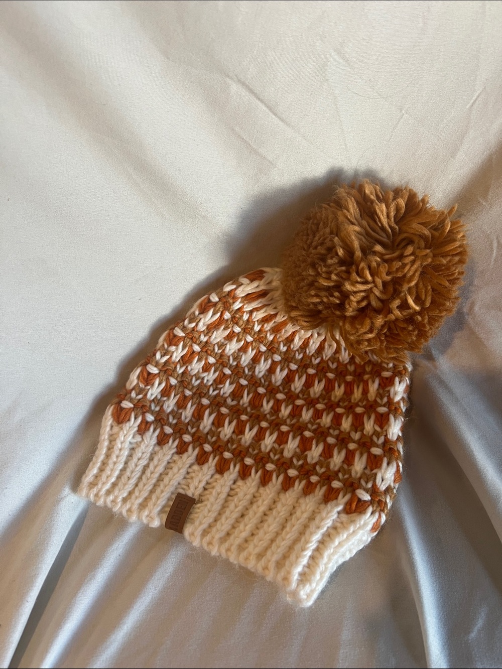 Pom-Pom Knit Beanie - Cream & Brown